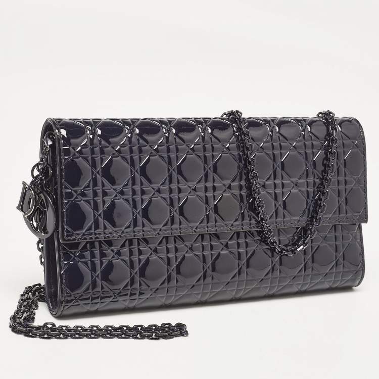 Pre Owned Dior Navy Blue Micro Cannage Patent Leather Lady Dior Chain Clutch
