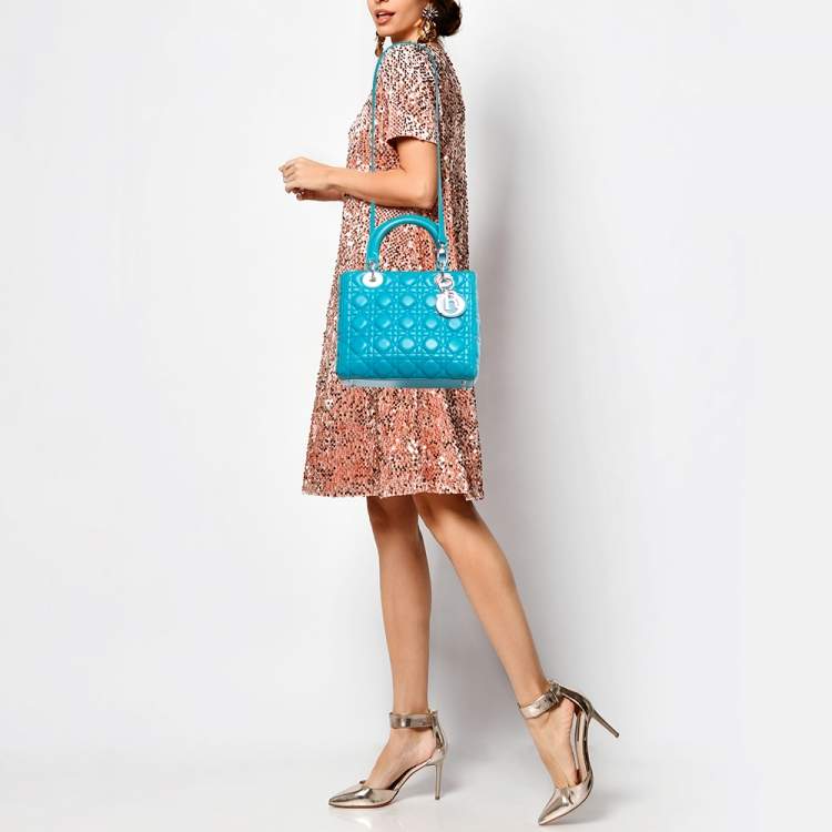 Pre Owned Dior Turquoise Blue Cannage Leather Medium Lady Dior Tote