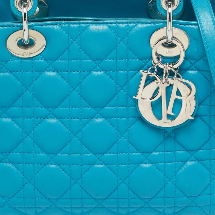 Pre Owned Dior Turquoise Blue Cannage Leather Medium Lady Dior Tote