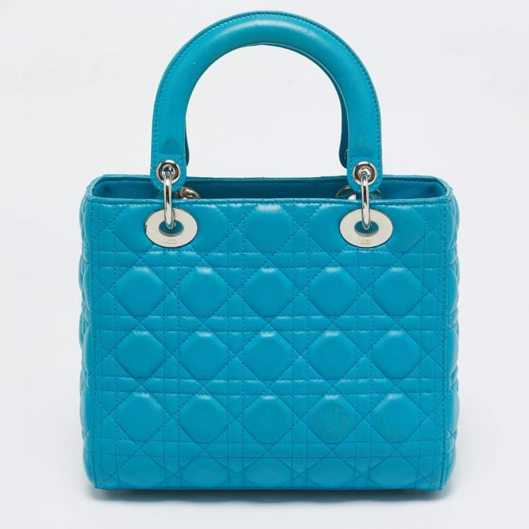 Pre Owned Dior Turquoise Blue Cannage Leather Medium Lady Dior Tote