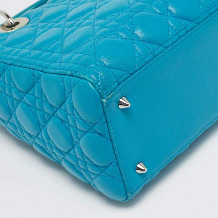 Pre Owned Dior Turquoise Blue Cannage Leather Medium Lady Dior Tote