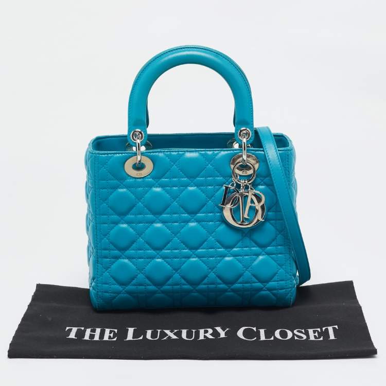 Pre Owned Dior Turquoise Blue Cannage Leather Medium Lady Dior Tote