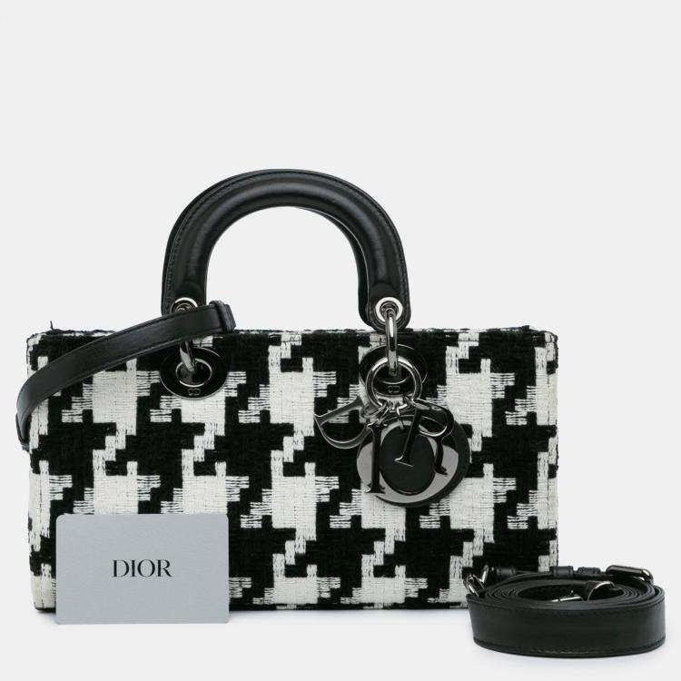 Pre Owned Dior Black White Canvas Macro Houndstooth Medium Lady D Joy Bag