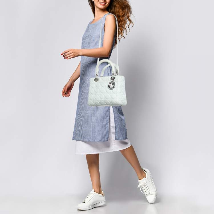 Pre Owned Dior Mint Green Cannage Leather Medium Lady Dior Tote