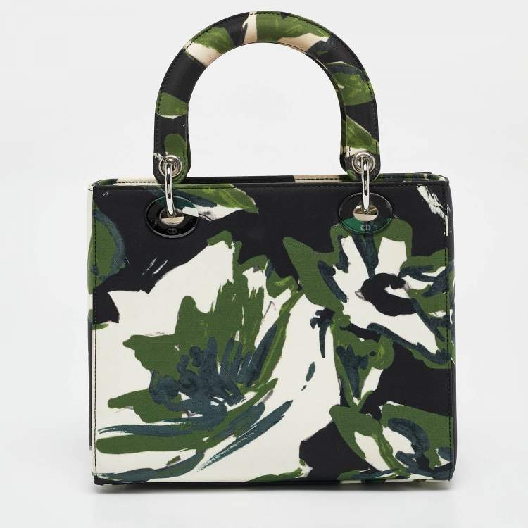 Pre Owned Dior Green Floral Graffiti Fabric Medium Lady Dior Tote