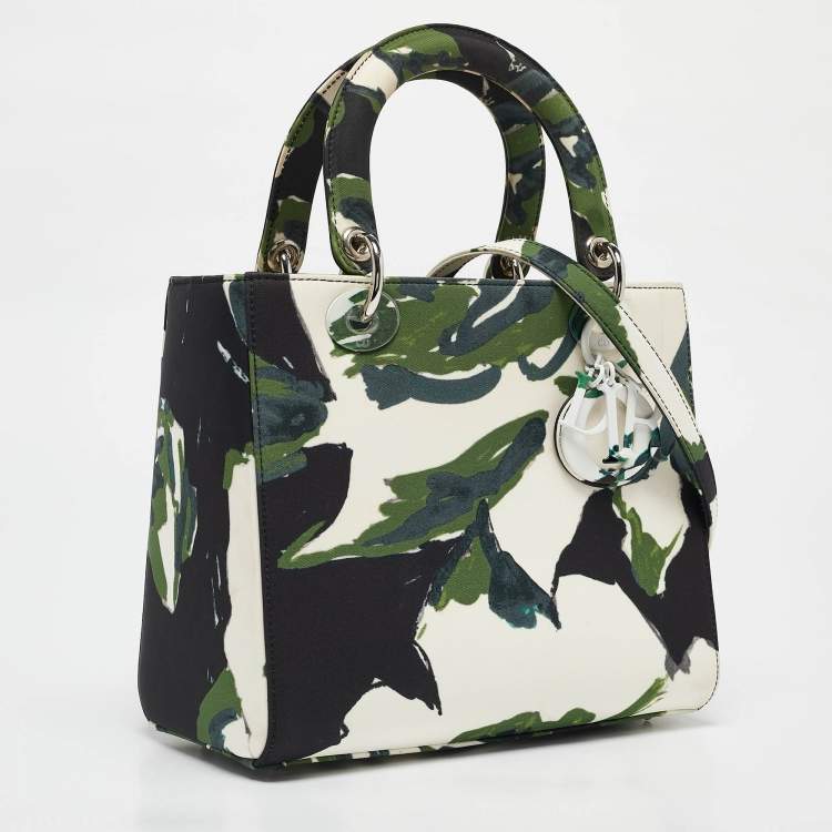 Pre Owned Dior Green Floral Graffiti Fabric Medium Lady Dior Tote