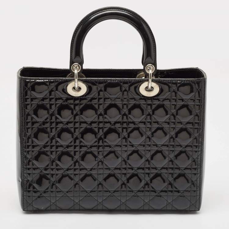 Pre Owned Dior Black Cannage Patent Leather Large Lady Dior Tote