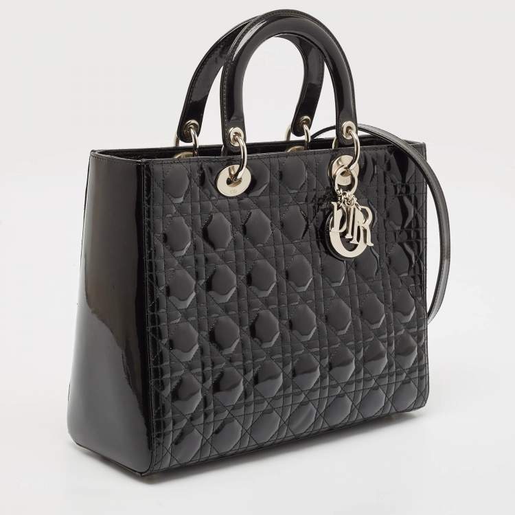 Pre Owned Dior Black Cannage Patent Leather Large Lady Dior Tote