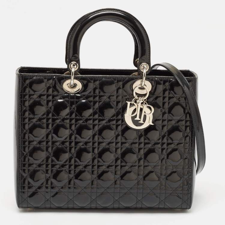 Pre Owned Dior Black Cannage Patent Leather Large Lady Dior Tote