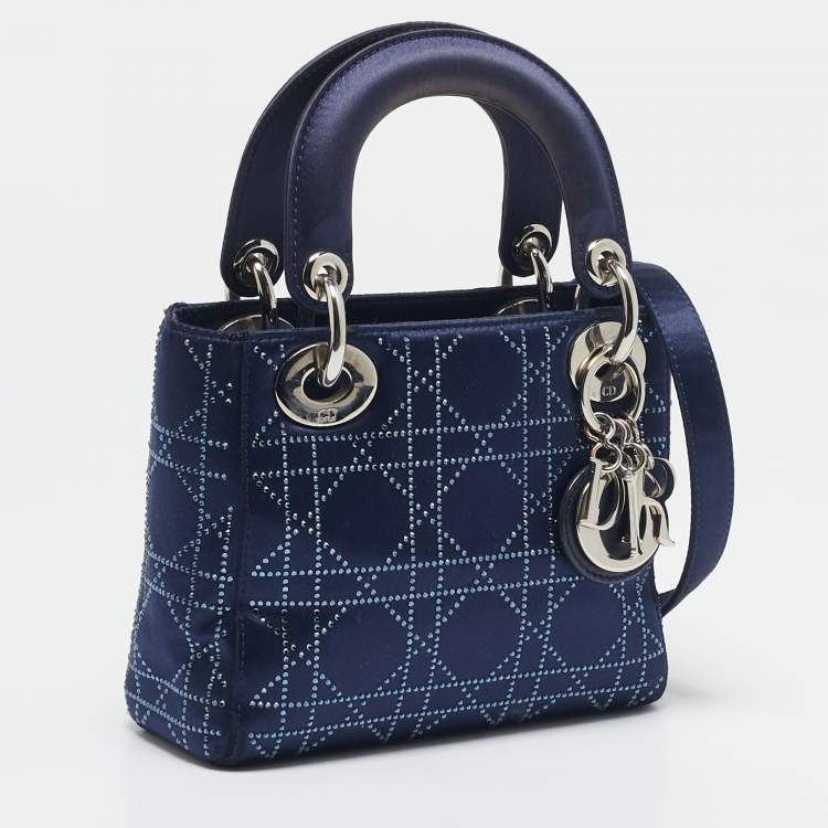 Pre Owned Dior Navy Blue Cannage Crystal Satin Mini Lady Dior Tote