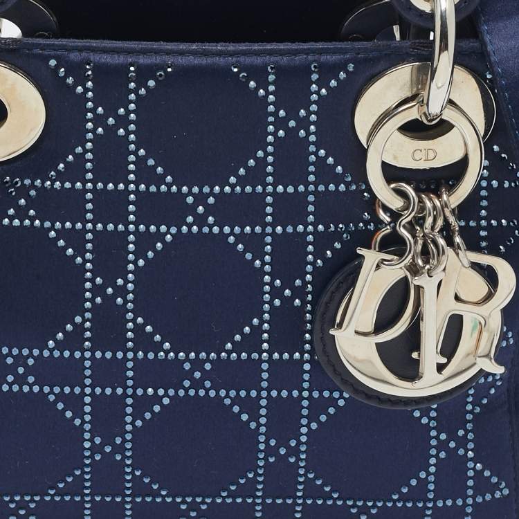 Pre Owned Dior Navy Blue Cannage Crystal Satin Mini Lady Dior Tote