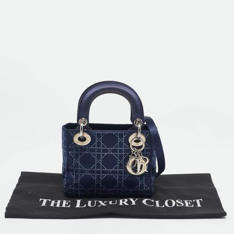 Pre Owned Dior Navy Blue Cannage Crystal Satin Mini Lady Dior Tote