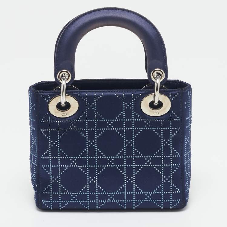 Pre Owned Dior Navy Blue Cannage Crystal Satin Mini Lady Dior Tote