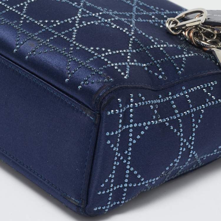 Pre Owned Dior Navy Blue Cannage Crystal Satin Mini Lady Dior Tote