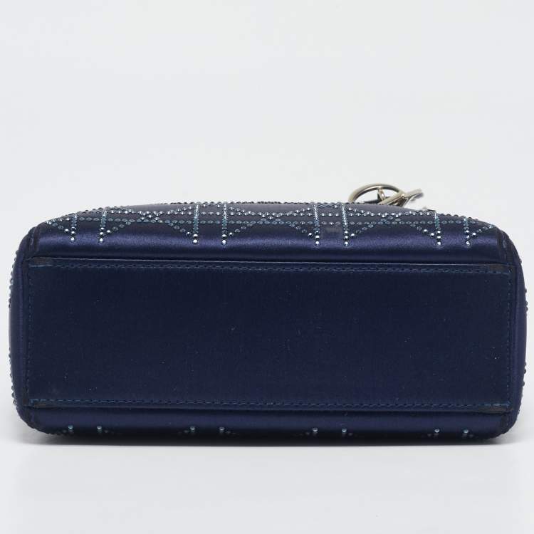 Pre Owned Dior Navy Blue Cannage Crystal Satin Mini Lady Dior Tote