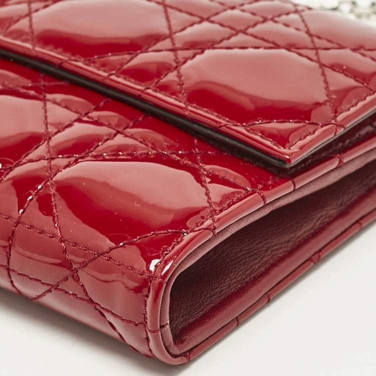 Pre Owned Dior Red Cannage Patent Leather Lady Dior Wallet On Chain