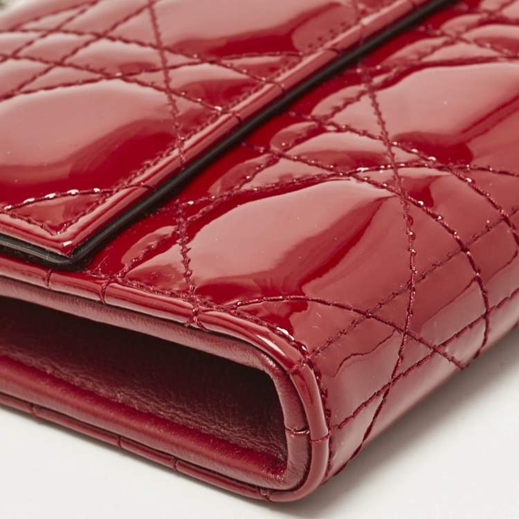 Pre Owned Dior Red Cannage Patent Leather Lady Dior Wallet On Chain
