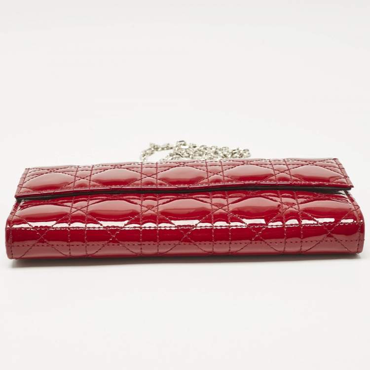 Pre Owned Dior Red Cannage Patent Leather Lady Dior Wallet On Chain
