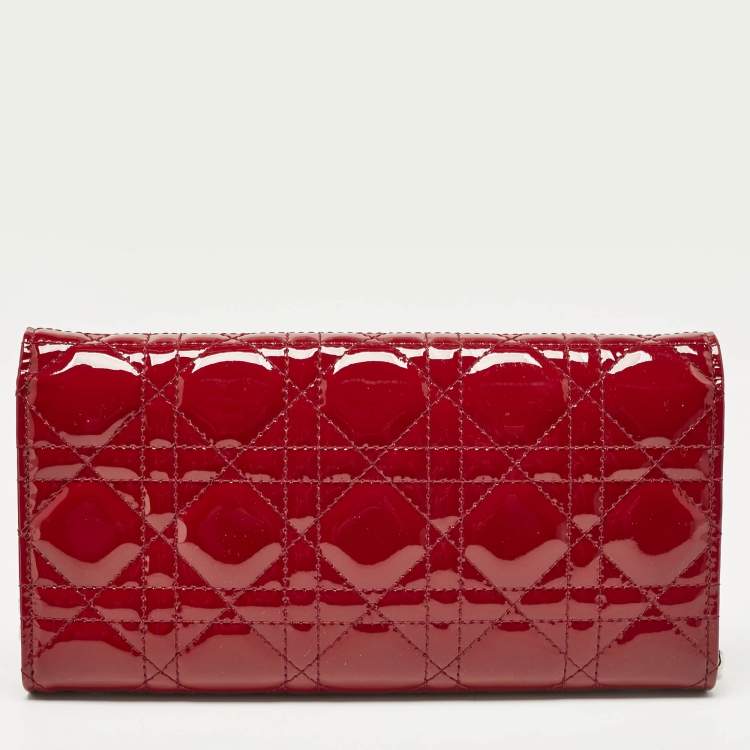 Pre Owned Dior Red Cannage Patent Leather Lady Dior Wallet On Chain