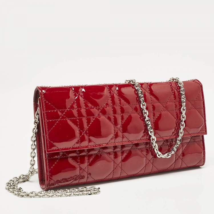 Pre Owned Dior Red Cannage Patent Leather Lady Dior Wallet On Chain