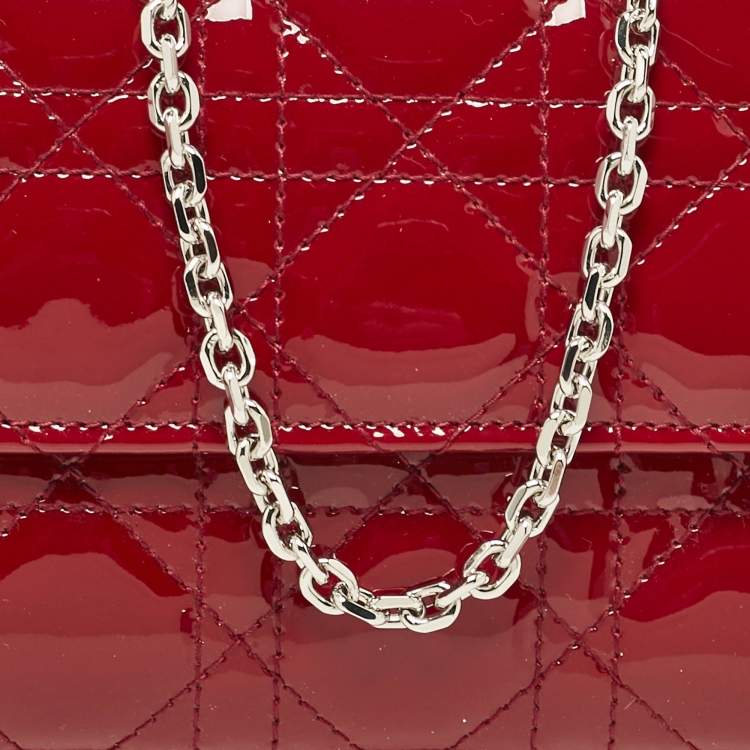 Pre Owned Dior Red Cannage Patent Leather Lady Dior Wallet On Chain