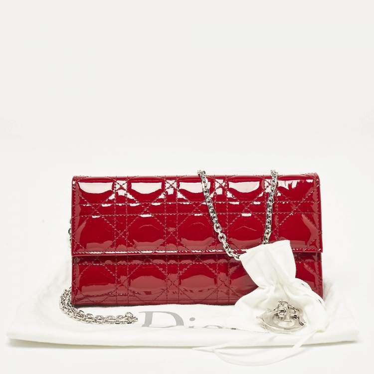Pre Owned Dior Red Cannage Patent Leather Lady Dior Wallet On Chain