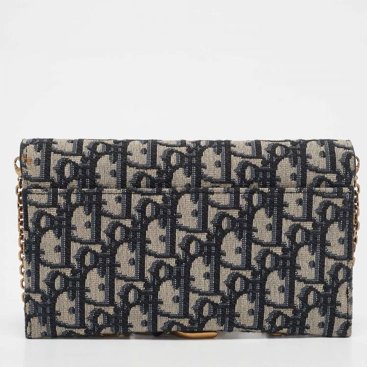 Pre Owned Dior Navy Blue Oblique Canvas and Leather Saddle Wallet on Chain