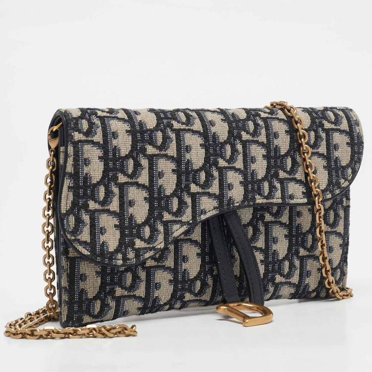 Pre Owned Dior Navy Blue Oblique Canvas and Leather Saddle Wallet on Chain