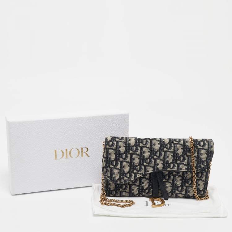 Pre Owned Dior Navy Blue Oblique Canvas and Leather Saddle Wallet on Chain