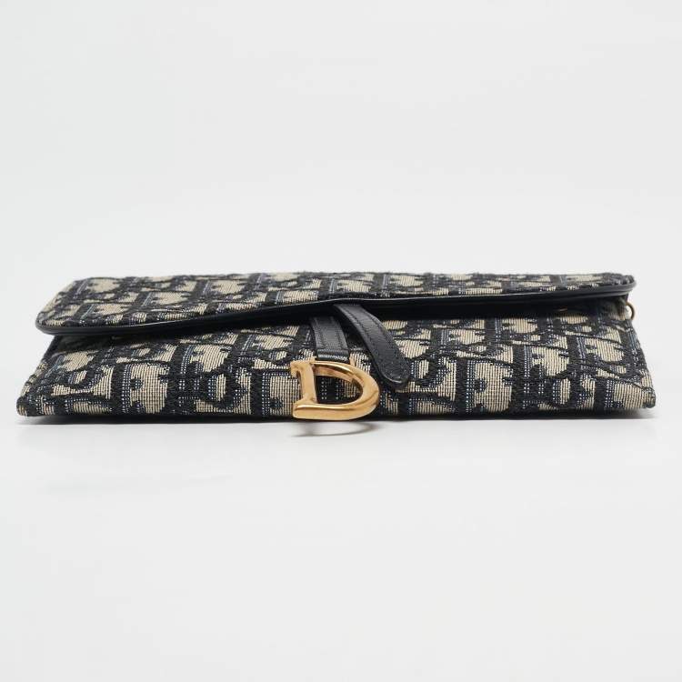 Pre Owned Dior Navy Blue Oblique Canvas and Leather Saddle Wallet on Chain
