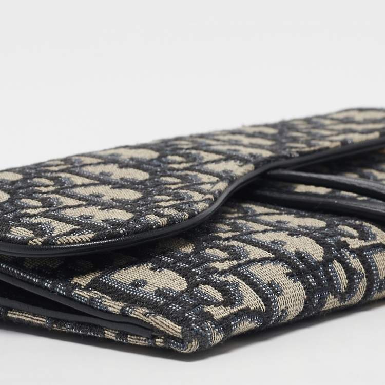 Pre Owned Dior Navy Blue Oblique Canvas and Leather Saddle Wallet on Chain