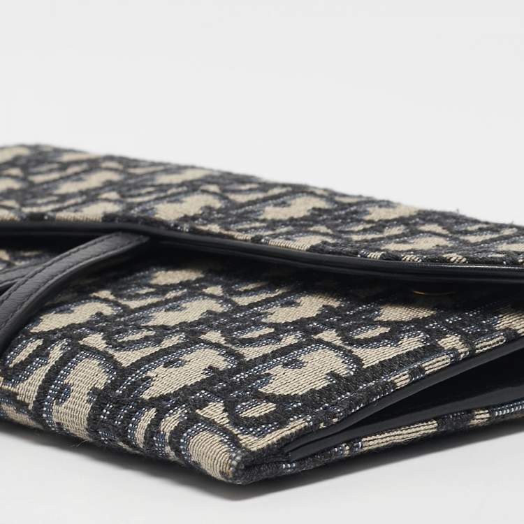 Pre Owned Dior Navy Blue Oblique Canvas and Leather Saddle Wallet on Chain