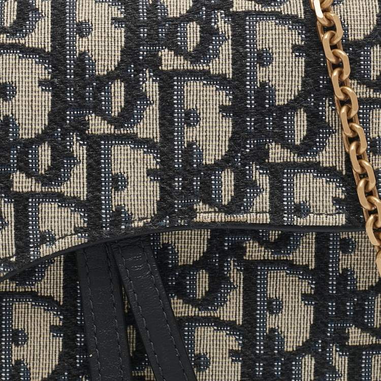 Pre Owned Dior Navy Blue Oblique Canvas and Leather Saddle Wallet on Chain