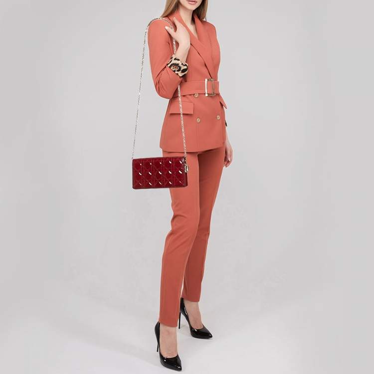 Pre Owned Dior Red Cannage Patent Leather Lady Dior Pouch Chain Clutch