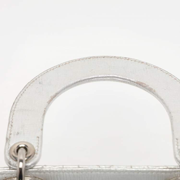 Pre Owned Dior Silver Cannage Leather Small Lucky Badges Lady Dior Tote