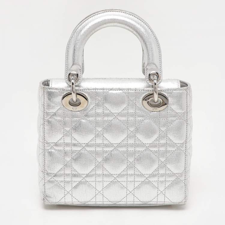 Pre Owned Dior Silver Cannage Leather Small Lucky Badges Lady Dior Tote