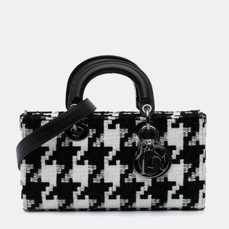 Pre Owned Dior Black Medium Canvas Macro Houndstooth Lady D Joy Bag