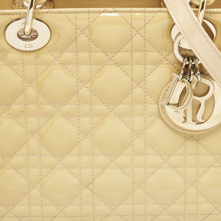 Pre Owned Dior Cream Cannage Patent Leather Medium Lady Dior Tote