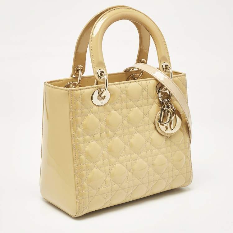 Pre Owned Dior Cream Cannage Patent Leather Medium Lady Dior Tote