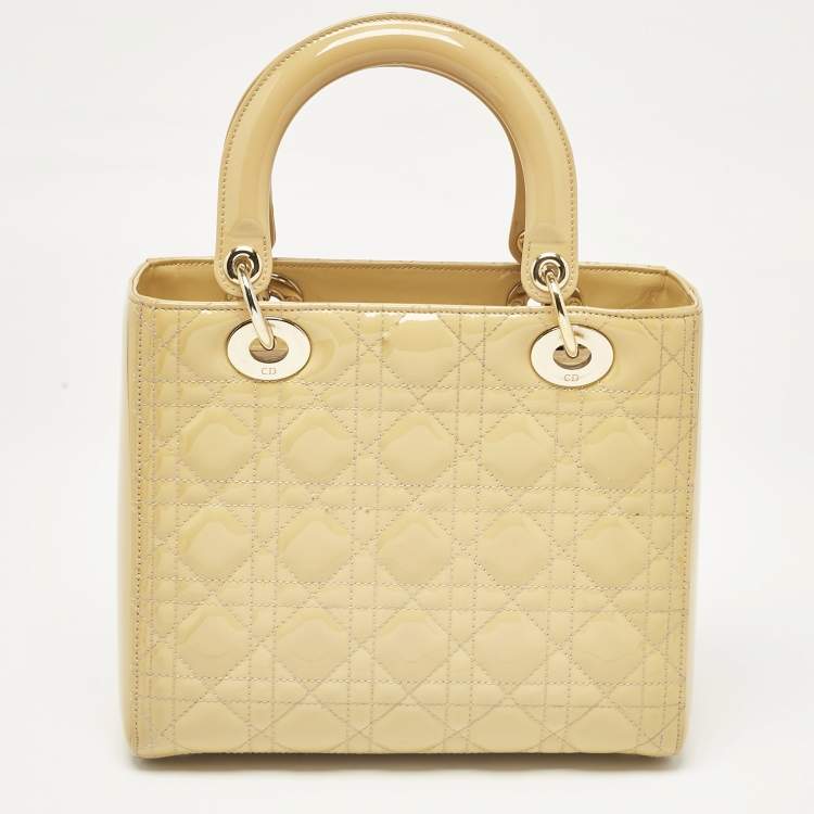 Pre Owned Dior Cream Cannage Patent Leather Medium Lady Dior Tote