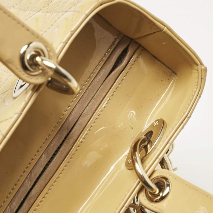 Pre Owned Dior Cream Cannage Patent Leather Medium Lady Dior Tote