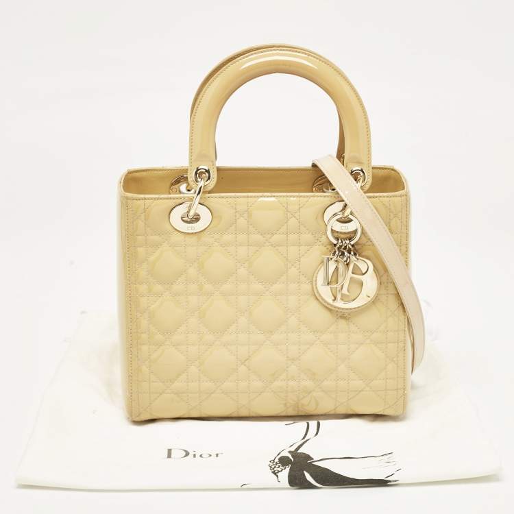 Pre Owned Dior Cream Cannage Patent Leather Medium Lady Dior Tote