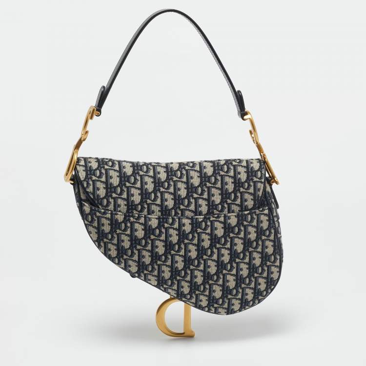 Pre Owned Dior Blue Oblique Canvas and Leather Saddle Bag