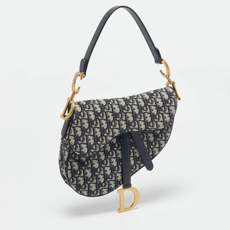 Pre Owned Dior Blue Oblique Canvas and Leather Saddle Bag