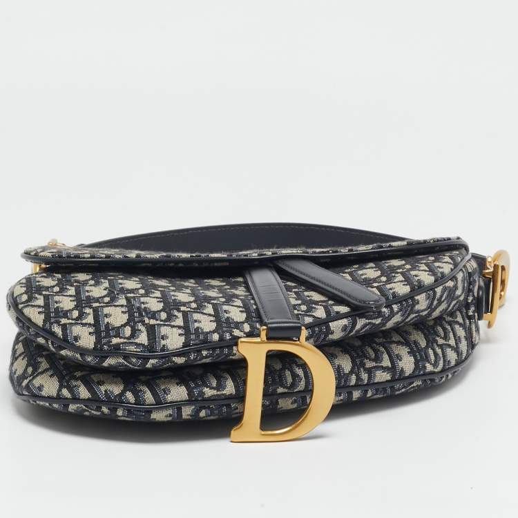 Pre Owned Dior Blue Oblique Canvas and Leather Saddle Bag