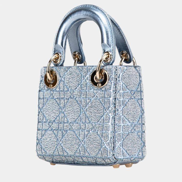 Pre Owned Dior Blue Micro Calfskin Cannage Beaded Lady Dior