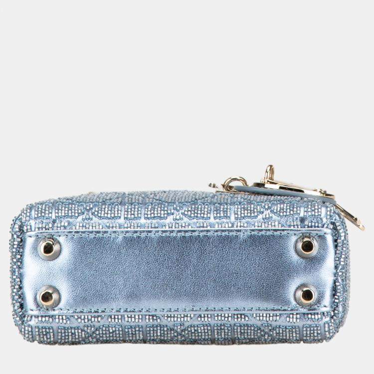 Pre Owned Dior Blue Micro Calfskin Cannage Beaded Lady Dior
