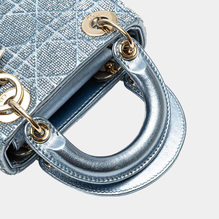Pre Owned Dior Blue Micro Calfskin Cannage Beaded Lady Dior
