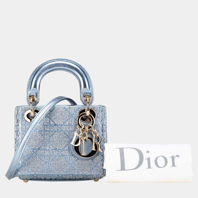 Pre Owned Dior Blue Micro Calfskin Cannage Beaded Lady Dior