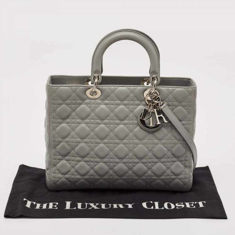 Pre Owned Dior Grey Cannage Leather Large Lady Dior Tote